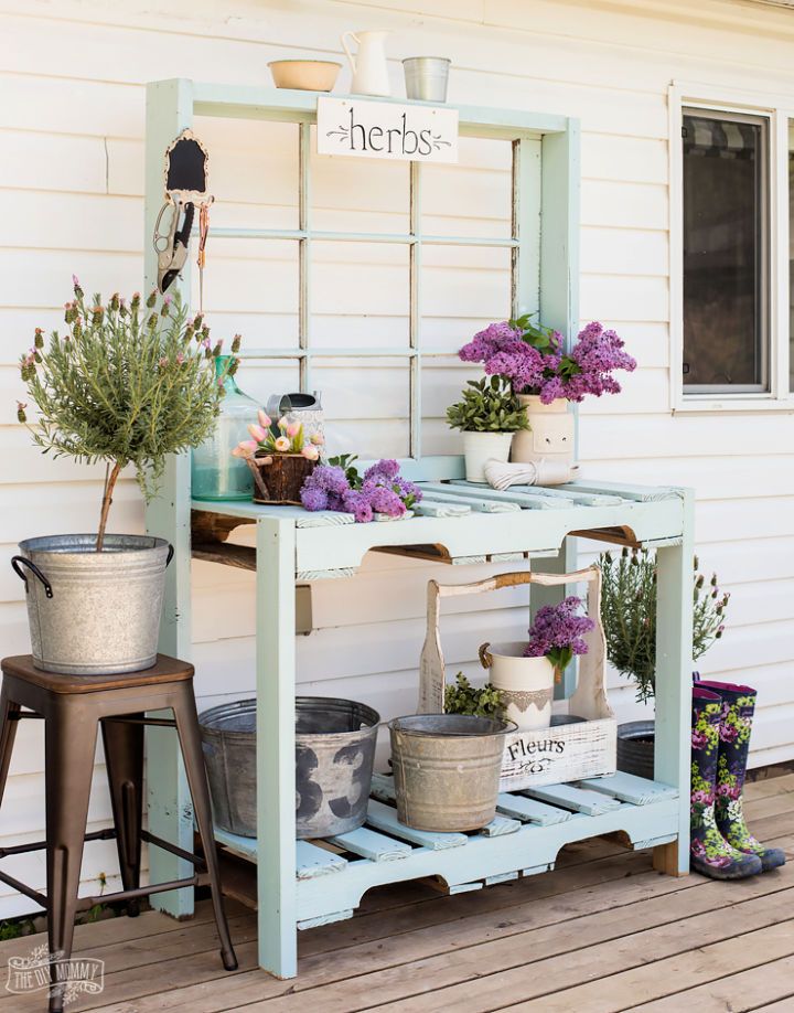DIY Patio Potting Bench From Pallet and Antique Window