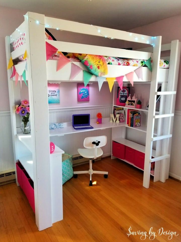 DIY Wooden Loft Bed With Desk and Storage