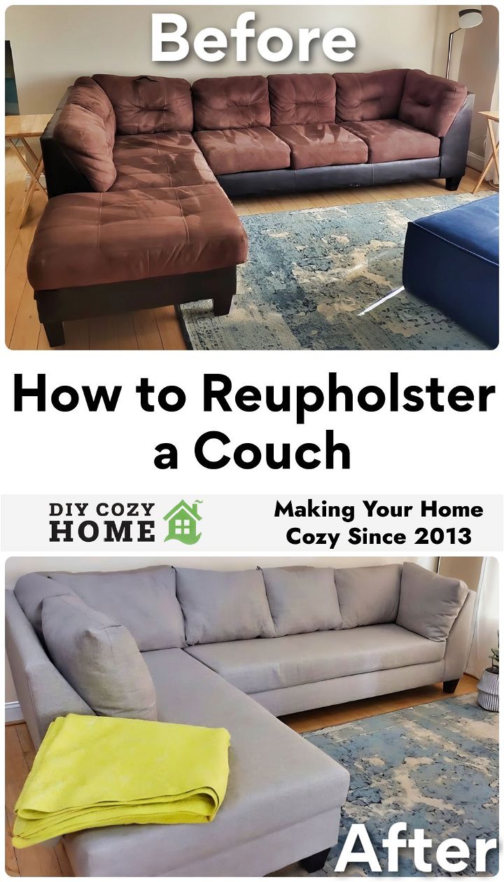 before and after reupholstering a couch